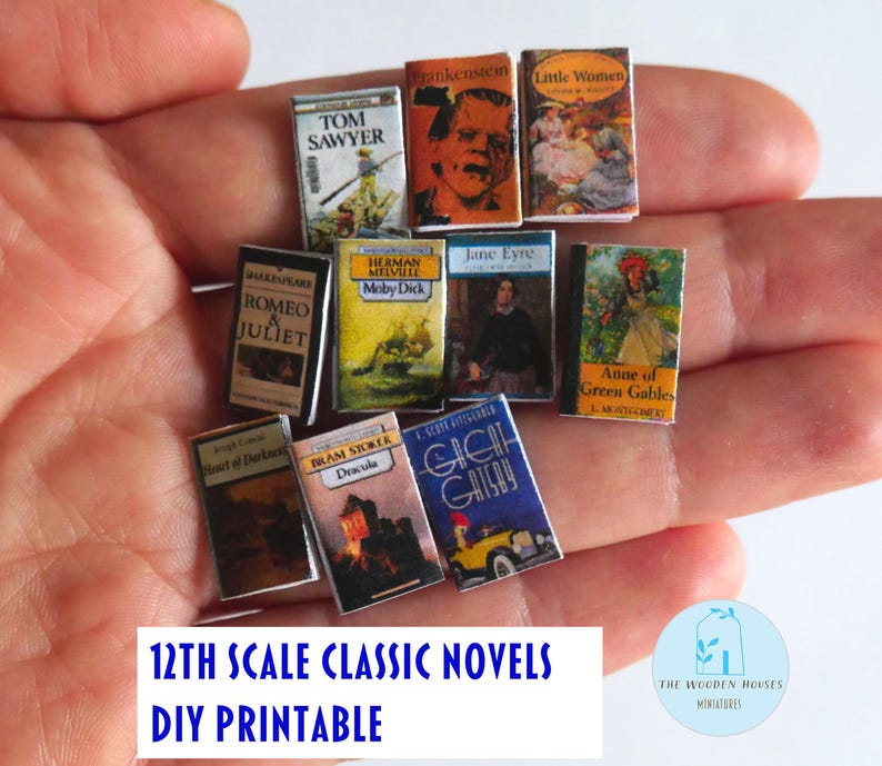 May include: A collection of miniature classic novels, such as "Tom Sawyer" and "Dracula." The small books have colourful covers and are labelled "12th Scale Classic Novels DIY Printable."