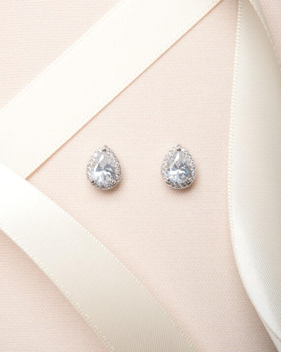 Cubic Zirconia Silver Teardrop Earrings Simple Classic Bridal Etsy