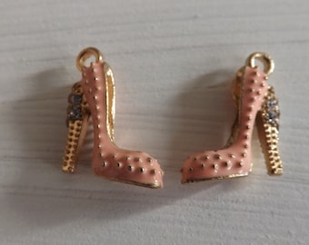 2 pink enamel high-heeled shoe charms, crystal shoe charms, 3D  charms, jewellery making, craft supplies, bracelet, clothes, gowns, outfit