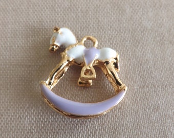 Enamel rocking horse charm, purple and gold charm, childhood pendant, animal charm, jewellery making, craft supplies