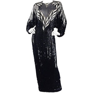Incredible Vintage Bob Mackie Haute Couture Custom Made Black Silk Sequin Beaded Pearls Rhinestones Gown Evening Dress