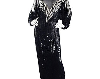 Incredible Vintage Bob Mackie Haute Couture Custom Made Black Silk Sequin Beaded Pearls Rhinestones Gown Evening Dress