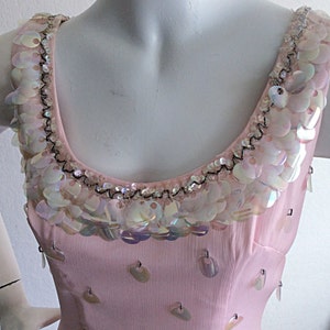 1960s Lilli Diamond Pin-Up Dress / Vintage Pale Pink Dress w/ Sequins & Beads / Bombshell Wiggle Silk Chiffon Dress / New w/ Tags image 3