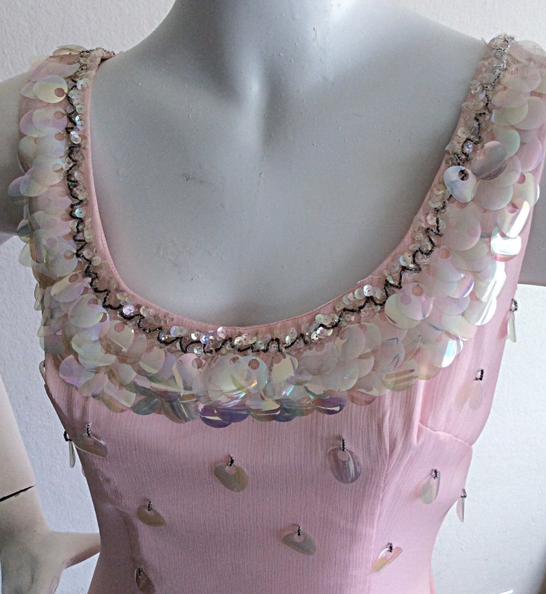 1960s Lilli Diamond Pin-Up Dress / Vintage Pale Pink Dress w/ Sequins & Beads / Bombshell Wiggle Silk Chiffon Dress / New w/ Tags image 3