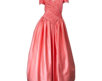 1980s Chris Kole Coral Pink Size 6 Off the Shoulder Silk Taffeta Vintage Gown