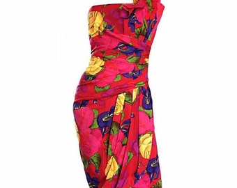 Vintage Neiman Marcus Dress / Sexy A J Bari Floral Pink Colorful Origami Wiggle Bombshell Dress / Avant Garde Hawaiian Strapless New Years
