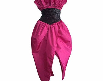 Vintage Victor Costa Neiman Marcus HOT Pink Vintage Bustle Gown / Origami Ruffle Black Sequin Avant Garde Dress / Sexy Vintage Gown