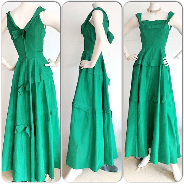 Atemberaubende Vintage 1950er Jahre Harry Kaiser Kleid / Bombe Kelly grün Kleid / Hollywood Glam Regal Schleife Kleid w / voller Rock / Urlaub Weihnachten