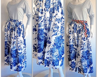 Vintage Ralph Lauren Blue Label Skirt / Beautiful Floral Cotton 1980s 1990s Polo Maxi Skirt / Blue & White Nautical Theme