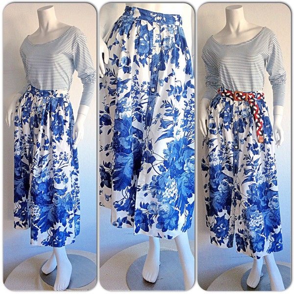 Vintage Ralph Lauren blau Label Rock / schöne Floral Baumwolle 1980er Jahre 1990er Jahre Polo Maxi Rock / blau & weiß nautischen Thema