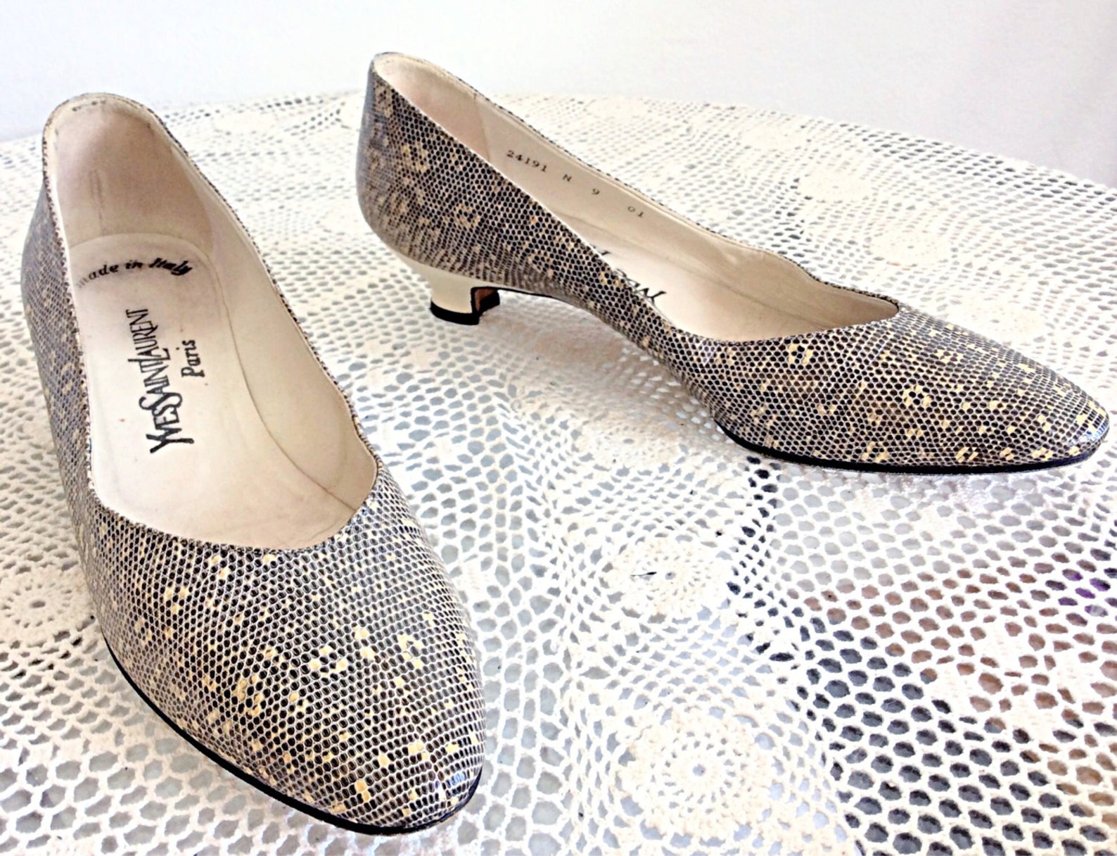 vintage yves saint laurent sz. 9 n shoes snakeskin lizard ballet flats / cream and brown animal print high heels made in italy