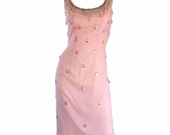 1960s Lilli Diamond Pin-Up Dress / Vintage Pale Pink Dress w/ Sequins & Beads / Bombshell Wiggle Silk Chiffon Dress / New w/ Tags