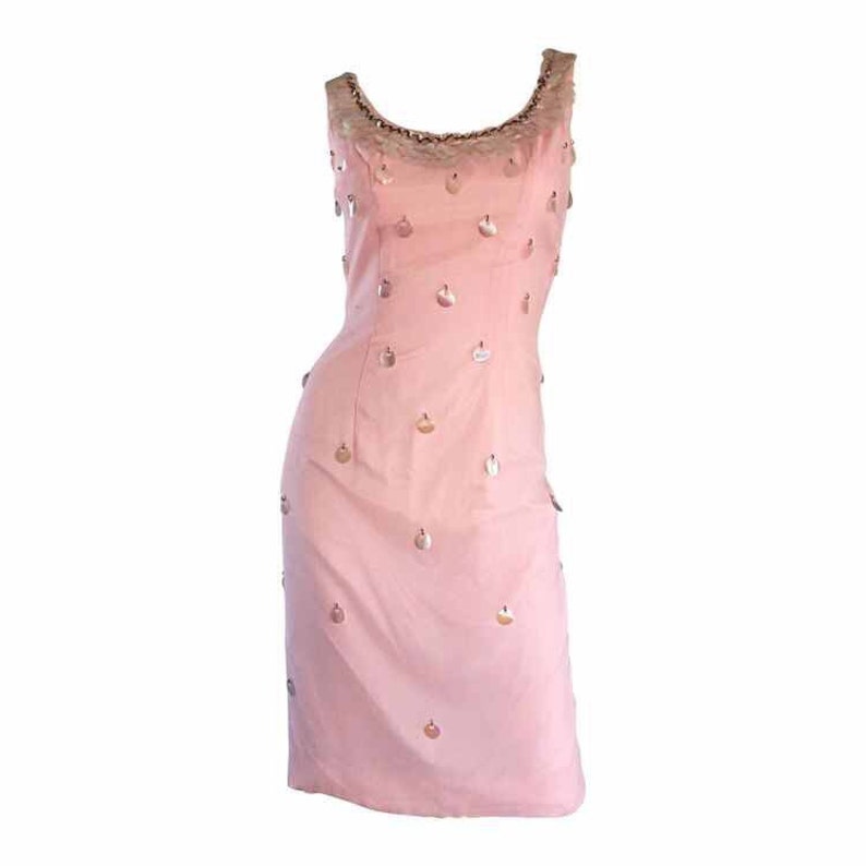 1960s Lilli Diamond Pin-Up Dress / Vintage Pale Pink Dress w/ Sequins & Beads / Bombshell Wiggle Silk Chiffon Dress / New w/ Tags image 1