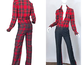 Rare 1990s Dolce & Gabbana Red Tartan Plaid Wool + Denim Flared Jeans and Shirt