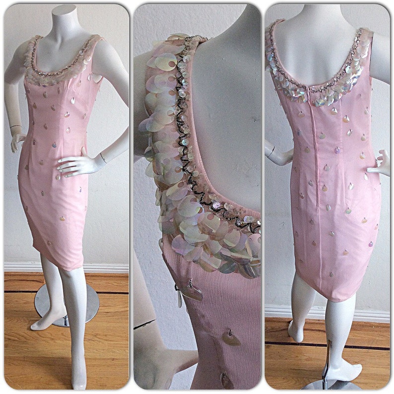 1960s Lilli Diamond Pin-Up Dress / Vintage Pale Pink Dress w/ Sequins & Beads / Bombshell Wiggle Silk Chiffon Dress / New w/ Tags image 2