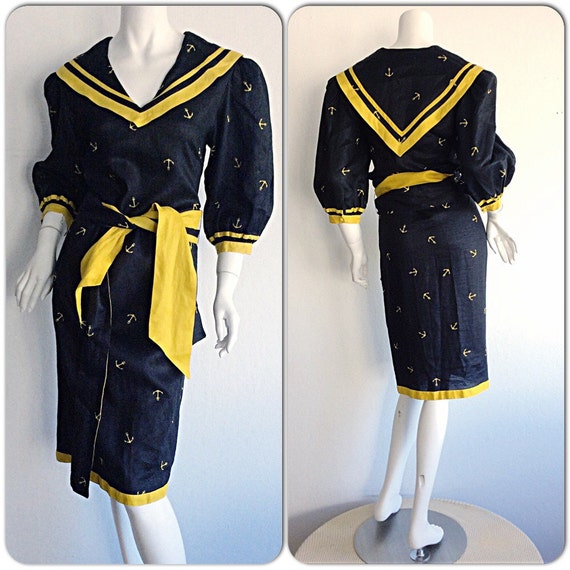 Chic 1980s Sailor Nautical Dress Black Yellow Anchor Print Etsy