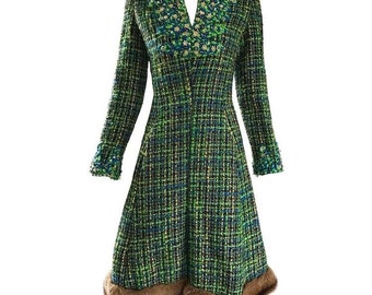 Gorgeous Julius Garfinckel Vintage 1960s Boucle Fur Dress / Blue & Green Beaded Yarn Appliques / Vintage A-Line Dress Mink Fox Trim / Swing