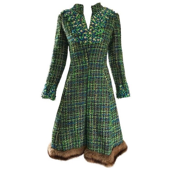 Wunderschöne Julius Garfinckel Vintage 1960er Jahre Boucle Pelz Kleid / Blue & Green Perlen Garn Applikationen / Vintage Kleid Mink Trim Fox / Swing