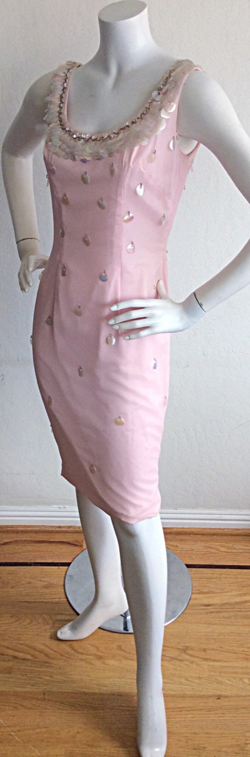 1960s Lilli Diamond Pin-Up Dress / Vintage Pale Pink Dress w/ Sequins & Beads / Bombshell Wiggle Silk Chiffon Dress / New w/ Tags image 4