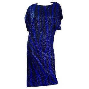 Vintage Neiman Marcus Royal Blue + Black Zebra Print &#39; Glitter &#39; Sequin Caftan 1970s Kaftan 70s Disco Dress Metllic Animal Print