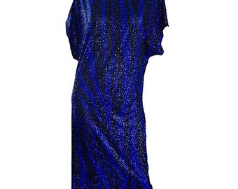 Vintage Neiman Marcus Royal Blue + Black Zebra Print ' Glitter ' Sequin Caftan 1970s Kaftan 70s Disco Dress Metllic Animal Print