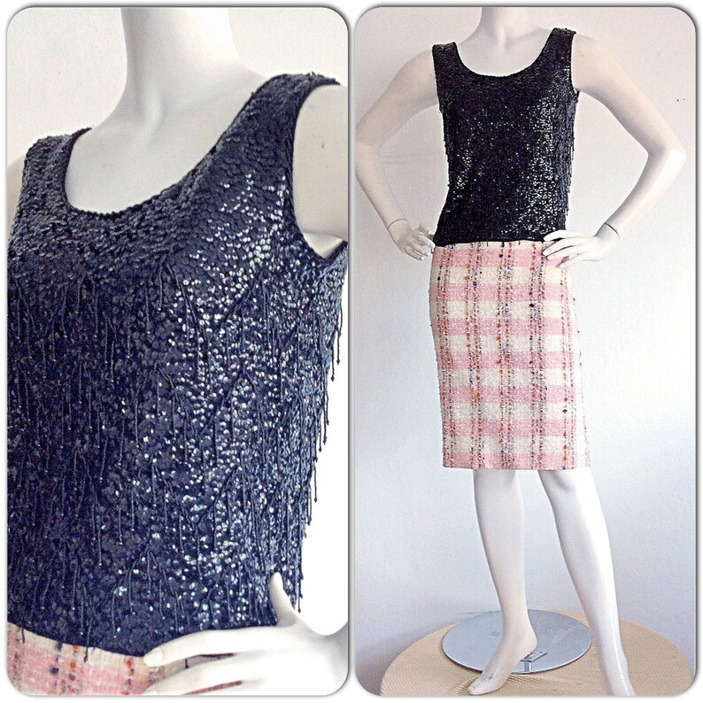 1960/'s Black Beaded Blouse with Flower Details Sequins Mad Men Rockabilly Mod Rare Collectable Retro