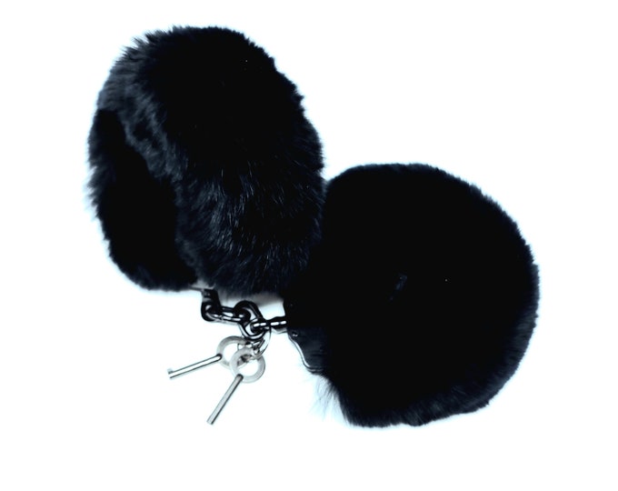 GENUINE Black Rex Rabbit Fur Police HANDCUFFS in Silver Restraints ...