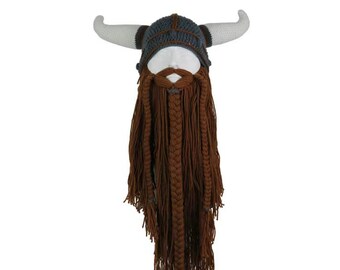 New Handmade Winter Hat Men Women Cosplay Hat Acrylic Crochet Viking Hat with Detachable long Braided Beard