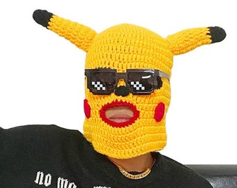 NEW Men/Women Crochet Cartoon Pikachu Balaclva Hat Handmade Lovely Cosplay Winter Hat