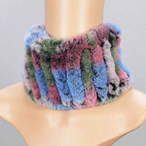 NEW Luxury Colorful Rex rabbit fur loop scarf, Real Fur Neck Warmer, Women Girls Winter Warm Collar Scarf