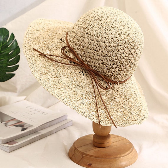 New Crochet Women Summer Straw Hat Floppy Wide Brim Anti-UV Sun Protection Vocation Beach Hat Packable Sun Hat