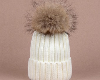 Women Natural Raccoon Fur Pompom Winter Hat Thick Warm Knitted Beanies with Attachable Fur Ball 10 Colors