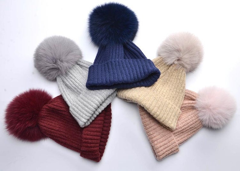 Fashion Winter Women Girls Wool Real Fox Fur Pom Pom Hat Soft Touch Beanie Hat