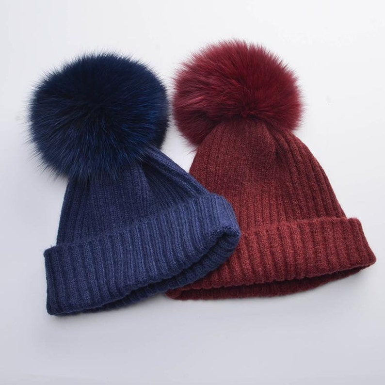 Fashion Winter Women Girls Wool Real Fox Fur Pom Pom Hat Soft Touch Beanie Hat