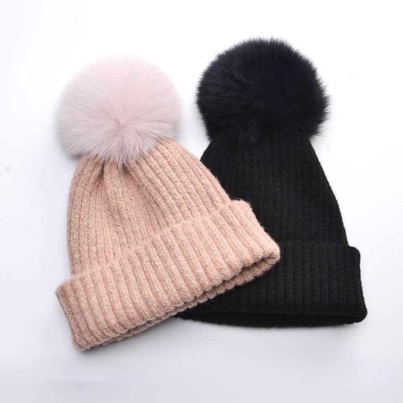 Fashion Winter Women Girls Wool Real Fox Fur Pom Pom Hat Soft Touch Beanie Hat
