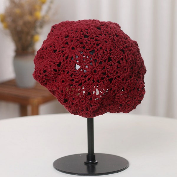 New spring summer women crochet beret handmade fashion flower cotton beret