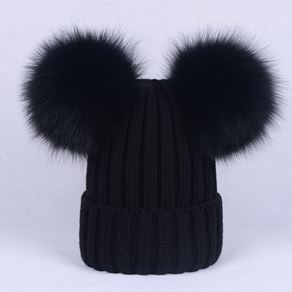 NEWBORN BABY GIRL BOY GORGEOUS FAUX FUR 2 POM POM WARM KNITTED WHITE BOBBLE HAT