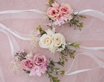 1 Set Packing NEW Bride Bridesmaid Wedding Flower Wrist Corsage, Bridal Flower Bracelet and Brooch, Pink/Purple/Cream/Yellow/Light Pink