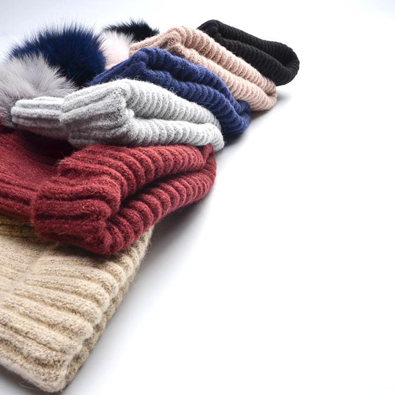 Fashion Winter Women Girls Wool Real Fox Fur Pom Pom Hat Soft Touch Beanie Hat