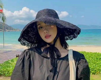 New Arrival Women Summer Lace Hat Extra Wide Brim Lace Sun Hat Anti UV Holiday Beach Hat Black/White