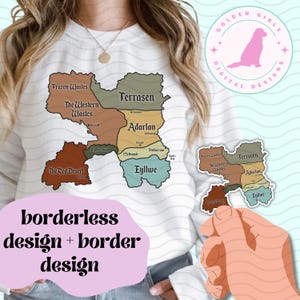 May include: A white sweatshirt with a colorful map of the fictional land of Prythian from the book series A Court of Thorns and Roses. The map includes the names of the different kingdoms, including Terrasen, Adarlan, Eyllwe, and The Western Wastes. The sweatshirt is a great gift for fans of the series.