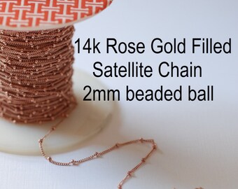 Cadena satélite Pay by Foot de oro rosa de 14k con eslabones de 1 mm y bolas de 2 mm 14/20GF, cadena satélite con cuentas de oro rosa.