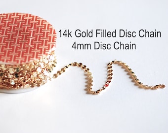 Cadena de discos de lentejuelas de 4 mm rellena de oro de 14 quilates, paga por pulgada - Cadena de discos redondos rellena de oro, venta al por mayor de componentes de joyería a granel 14/20 GF [Disco- 01]