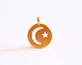 Small Crescent Moon Star Round Circle Tag Charm- Choose Vermeil Gold, Rose Gold, Sterling Silver, Moon Star cutout, night sky, circle, 427