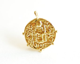 Großer Medaillon Anhänger- Vermeil Gold 18k vergoldet über 925 Sterling Silber, griechische Münze, Goldmedaillon, Spanische Münze, religiös, 480