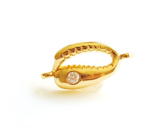 18k Gold Cowry Shell Connector Charm Pendant- Single CZ Cubic Zirconia Cowry Charm, Cowrie Shell, Cowry Shell, Gold Cowrie Cowry Shell