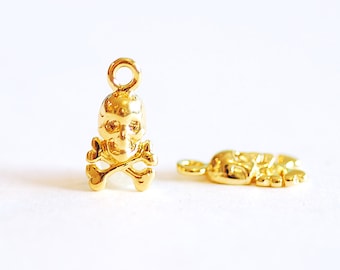 Vermeil Gold Skull and Bones Charm- 22k Gold plated over 925 Sterling Silver, Gold Skull Charm, Halloween Skull, Pirate, Tropical, Head, 120