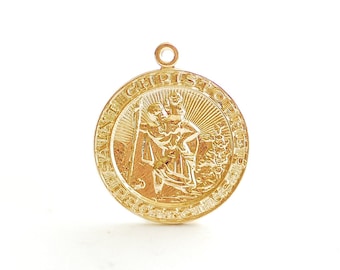 14k Gold Filled St Christopher Pendant- 22mm Round Disc Charm, Patron Saint Christopher Charm, Religious Charm, Catholic, Medallion, Coin