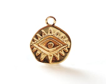 Evil Eye Coin Charm - 18k Gold plated over 925 Sterling Silver, Gold Round Evil Eye Charm, Protection Eye of Ra, Greek Coin, Luck Charm, 592