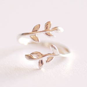 Sterling Silver Leaf Branch Ring, Gold Leaf Ring, Rose Gold Leaf Ring. Layering Ring, Vine Ring, Laurel Ring, Nature Jewelry, twig ring image 1